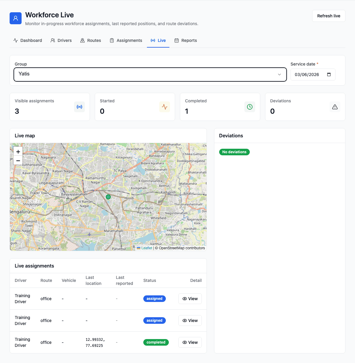 Workforce live monitoring map and assignments