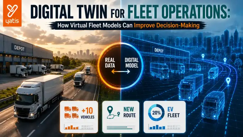 Digital twin for fleet operations showing real vehicles connected to a virtual fleet model for scenario simulation