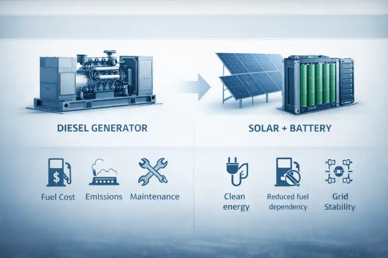 Infographic comparing diesel generator power systems with solar plus battery energy storage systems showing reduced fuel dependency and cleaner power generation
