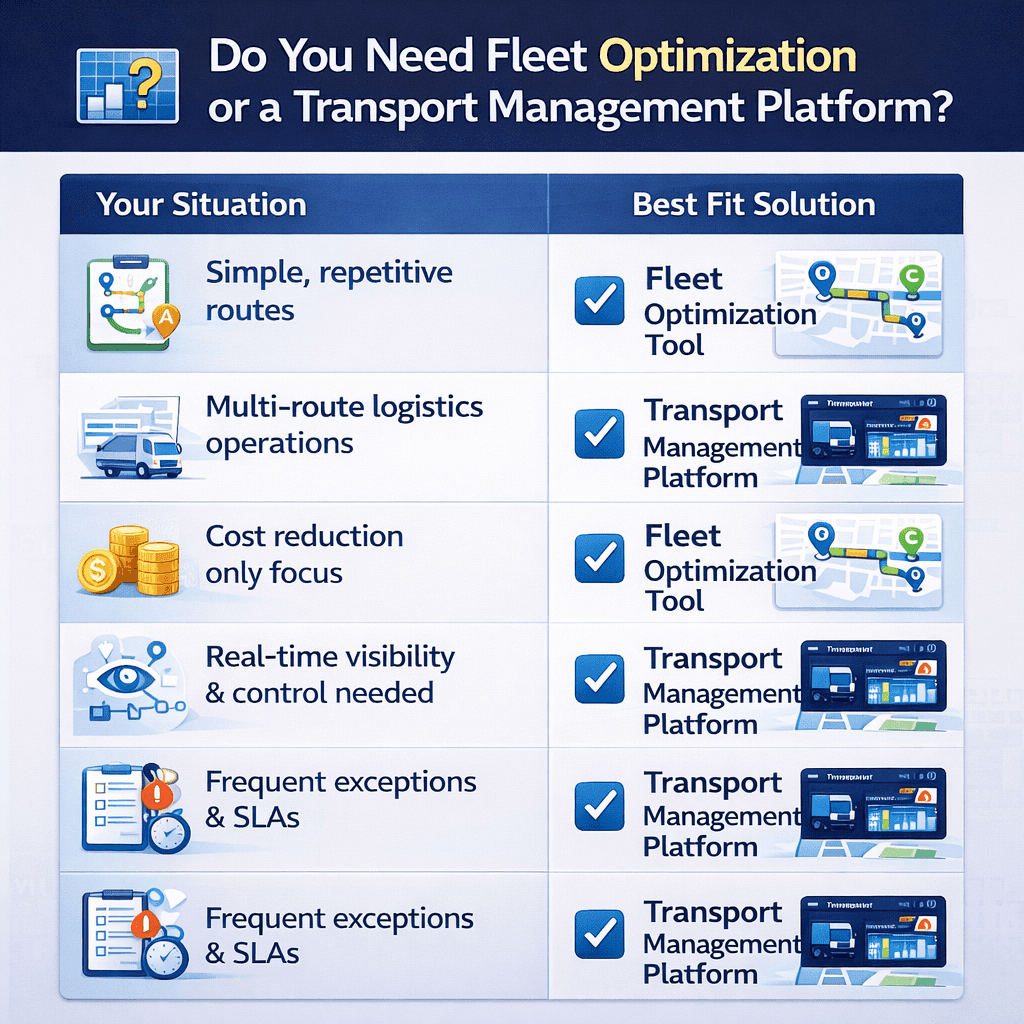 Decision matrix infographic comparing when to use fleet optimization tools versus transport management platforms
