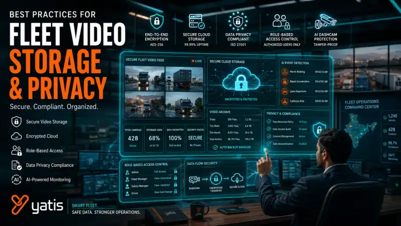Fleet manager reviewing secure cloud-based video telematics storage and driver privacy dashboard