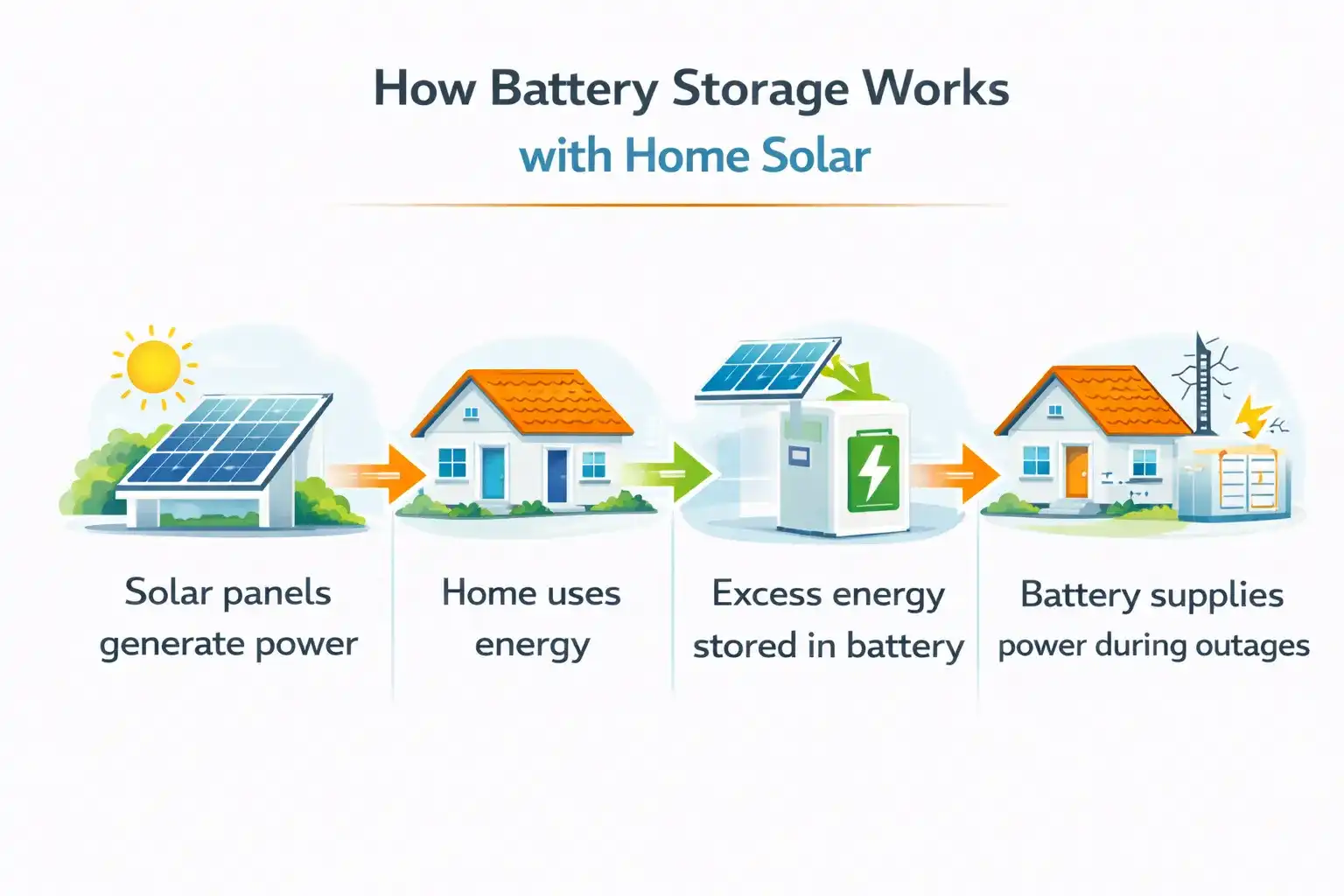 Infographic showing how battery storage works with rooftop solar systems in Indian homes