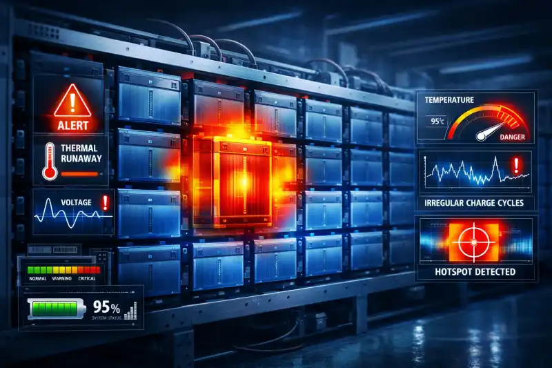 Battery rack with thermal hotspot and warning dashboard showing early thermal runaway risk in a BESS system