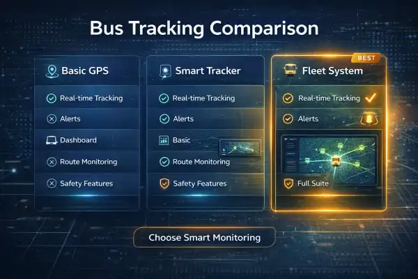 Comparison of GPS bus tracking features across different platforms for schools and fleet operators