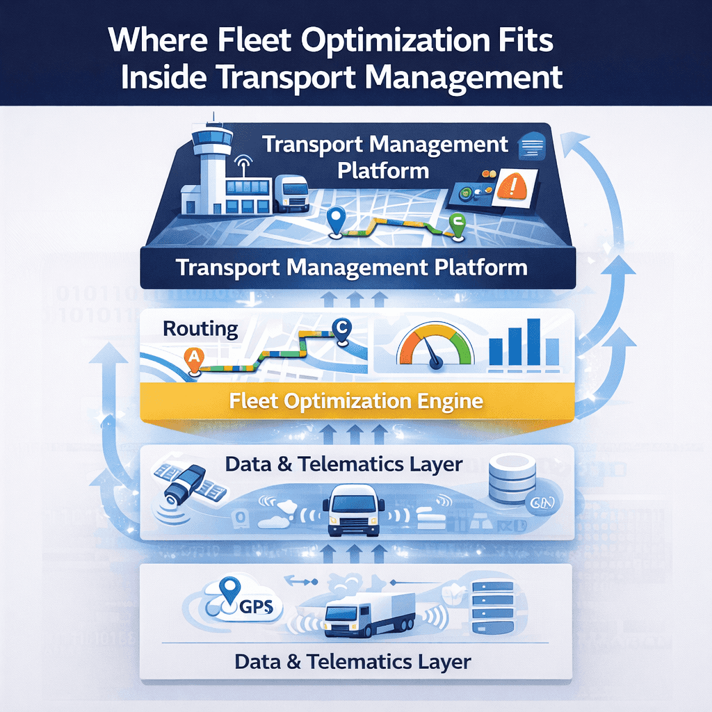 Infographic showing fleet optimization as a component within a transport management platform architecture