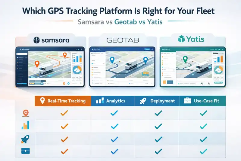 Comparison of Samsara, Geotab, and Yatis dashboards showing GPS tracking, fleet analytics, and route monitoring features