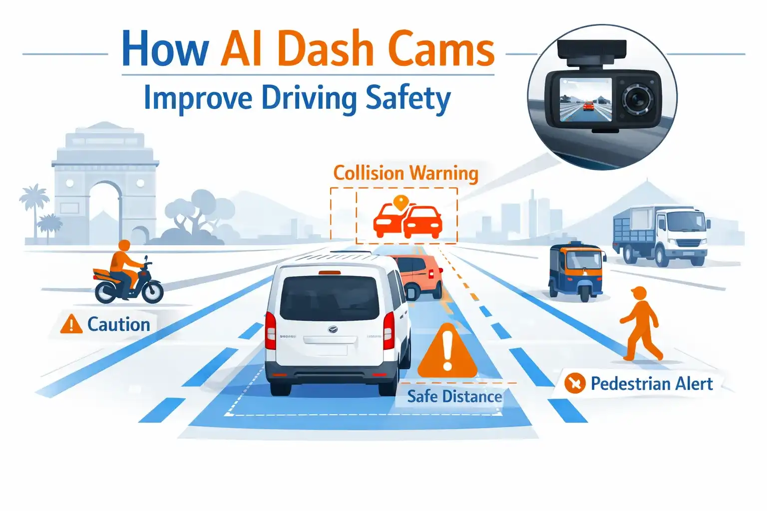 Infographic showing how AI dash cams detect risk, alert drivers, and help prevent road accidents