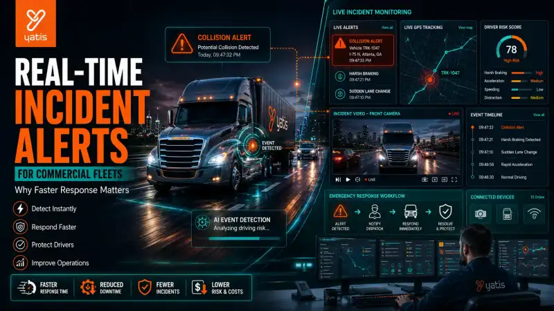 Commercial fleet truck with AI-powered real-time incident alerts, GPS tracking dashboard, and fleet safety telematics monitoring system
