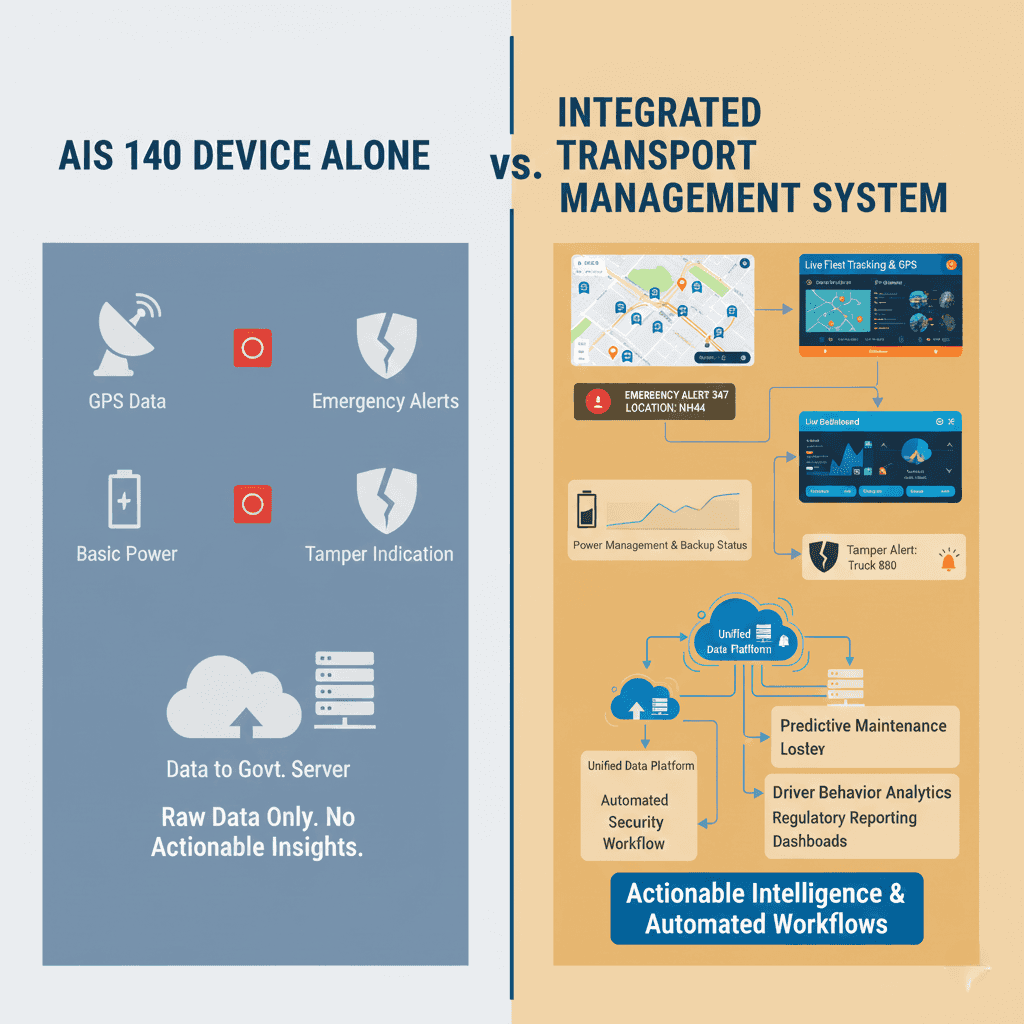 Comparison infographic showing AIS140 device alone versus AIS140 integrated with transport management system
