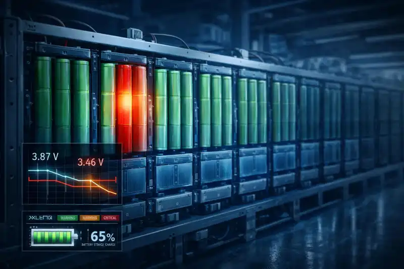 Battery rack showing one imbalanced cell with voltage deviation inside a battery energy storage system