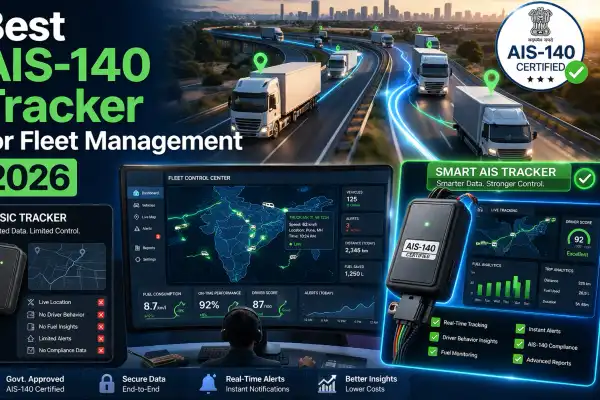 Fleet trucks with AIS-140 GPS tracking dashboard showing real-time analytics, route monitoring, and smart fleet management insights