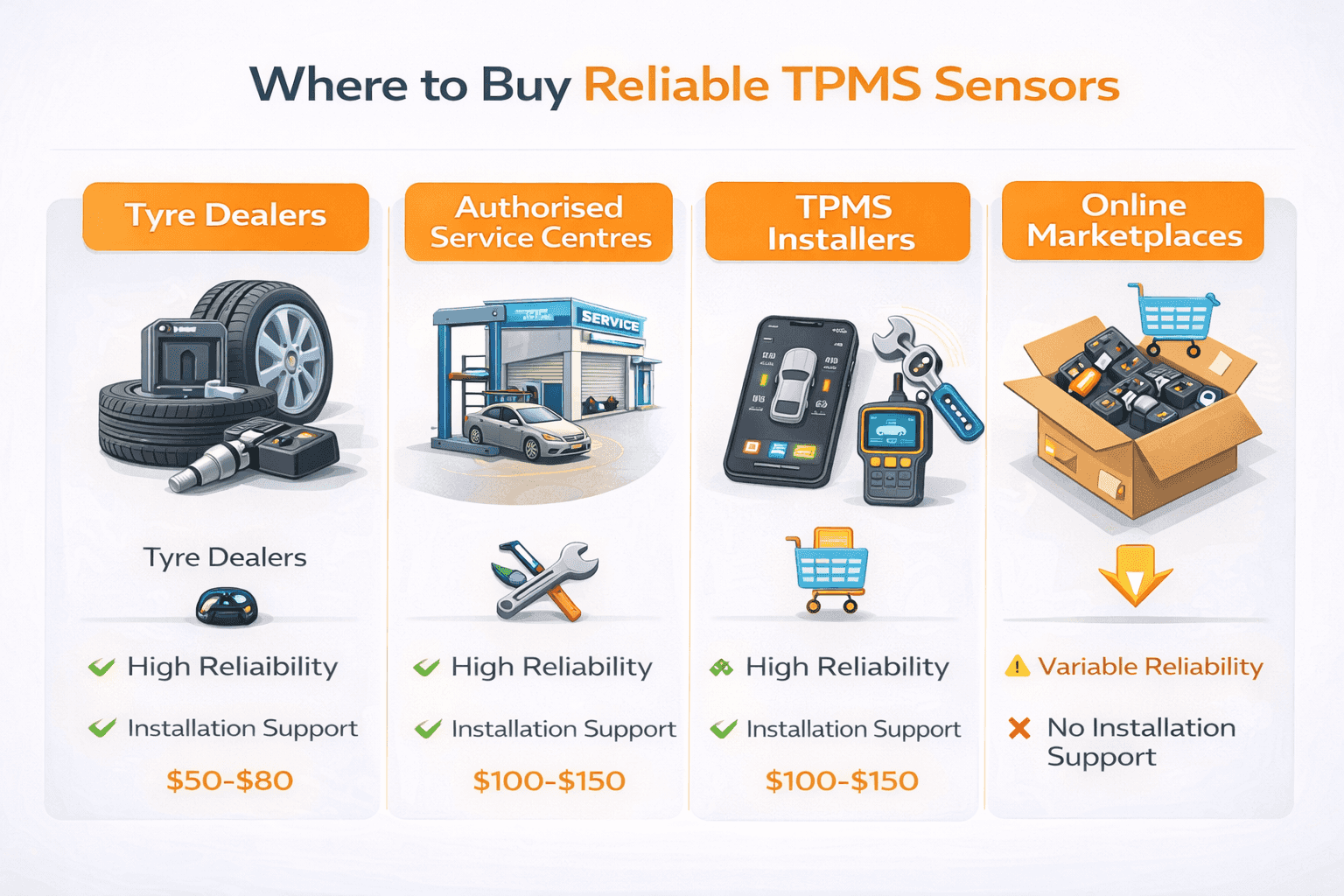 Infographic showing best places to buy reliable tyre pressure monitoring sensors near you