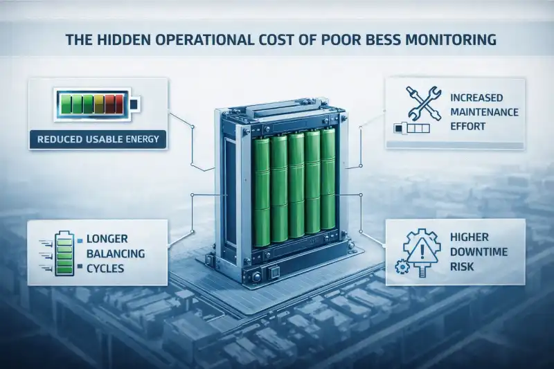 Infographic showing reduced energy, higher maintenance effort, longer balancing cycles, and downtime risk caused by poor BESS monitoring