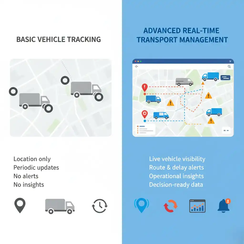 Comparison infographic showing basic vehicle tracking versus advanced real-time transport management solutions