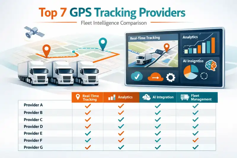 Fleet of trucks with a GPS tracking dashboard showing real-time routes and analytics for vehicle tracking solutions