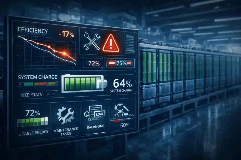 Battery dashboard showing falling efficiency and warning indicators representing hidden operational cost in BESS monitoring