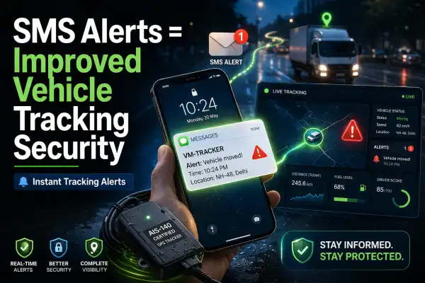 Smartphone receiving SMS alert from vehicle tracking system showing real-time security notification