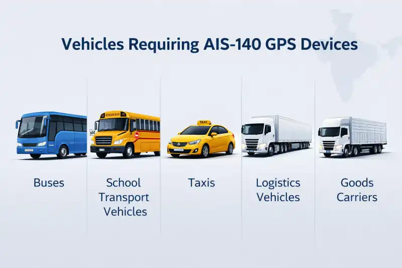Infographic showing buses, school transport vehicles, taxis, logistics trucks, and goods carriers that require AIS-140 GPS devices in India