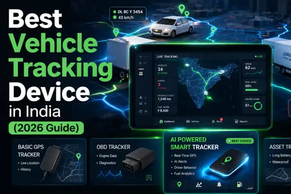 Fleet vehicles connected with GPS tracking dashboard showing real-time routes and analytics for vehicle tracking devices in India