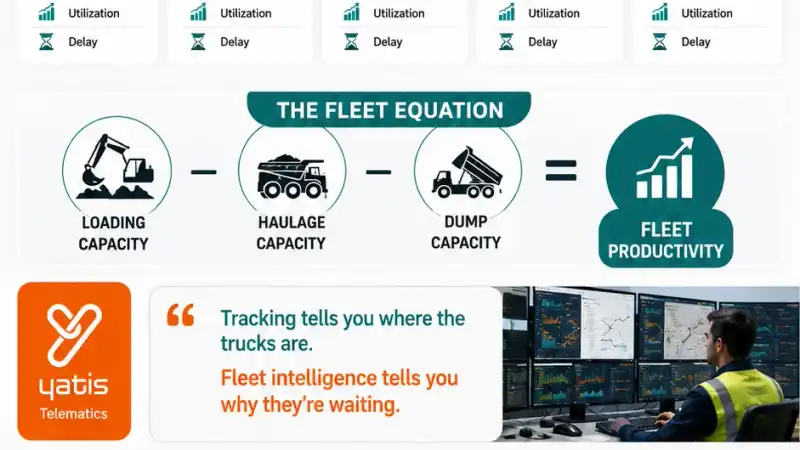 Infographic showing how mining fleet management converts equipment location into cycle visibility, bottleneck identification and better fleet decisions