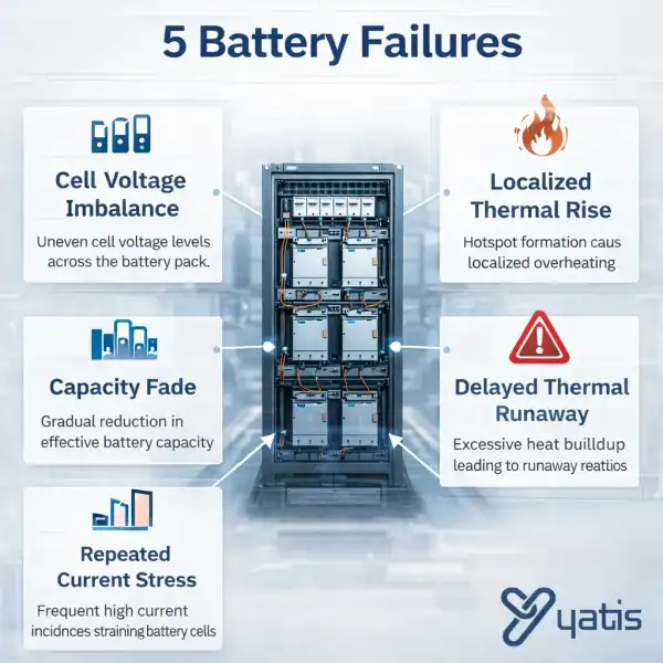 Infographic showing five battery failure types including cell imbalance, localized thermal rise, capacity fade, current stress, and thermal runaway precursors