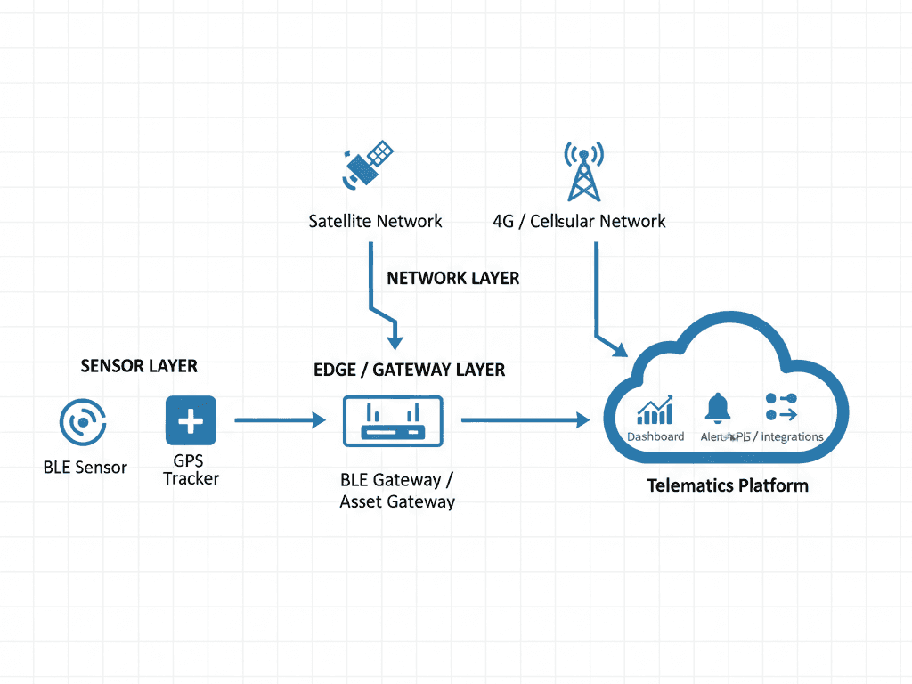 Data flow infographic showing container tracking data from BLE sensors and GPS trackers through gateways and networks to a telematics cloud platform