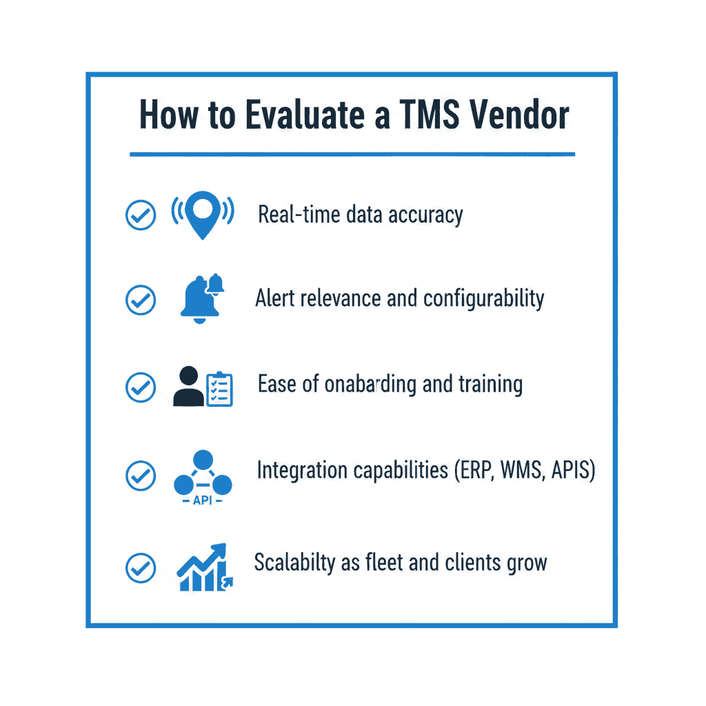 Checklist infographic showing how logistics companies evaluate a transport management system vendor