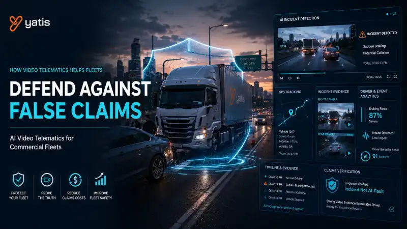 Commercial fleet truck with AI-powered video telematics dashboard showing real-time accident evidence, GPS tracking, and false claims protection analytics