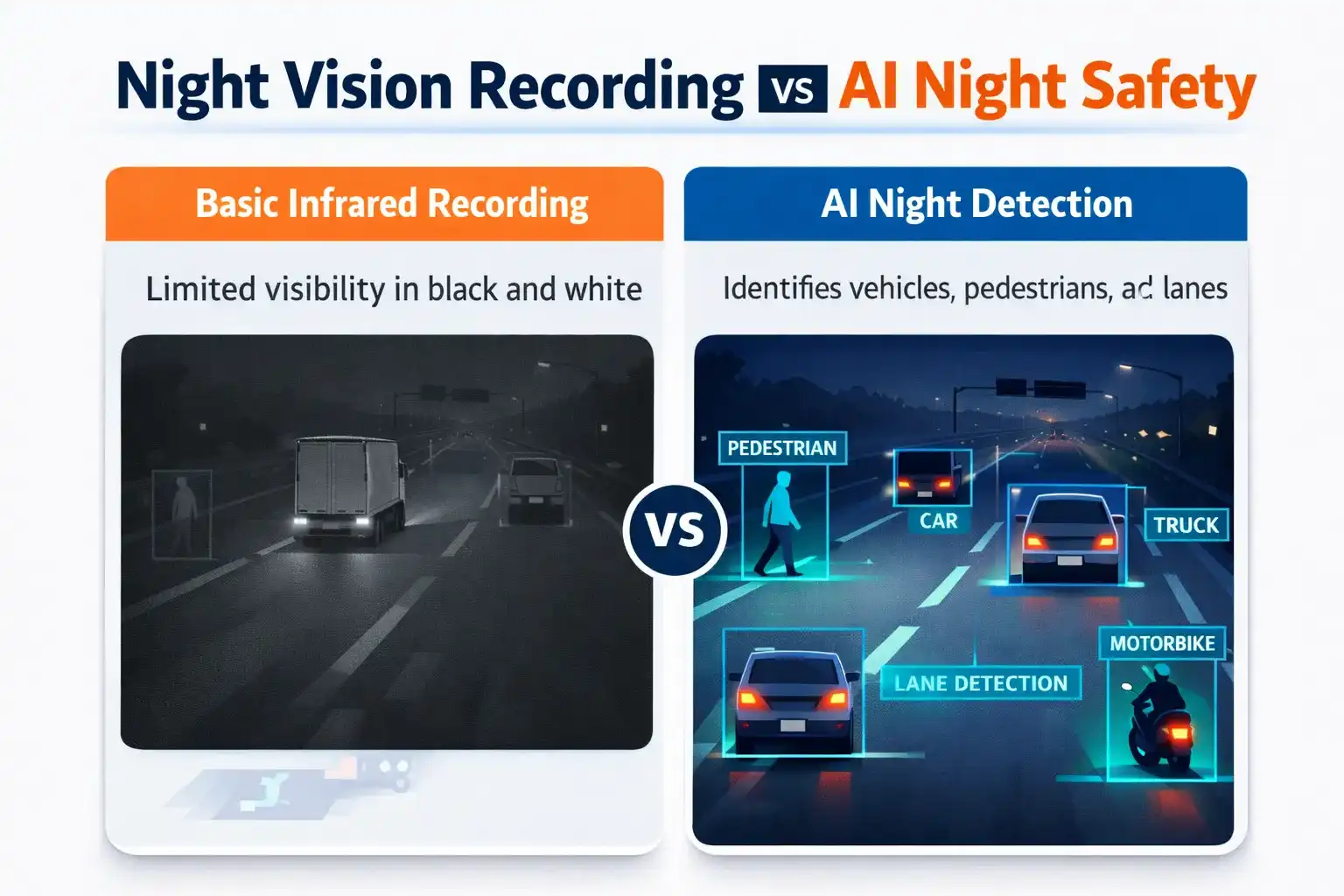 Comparison infographic showing basic night vision recording versus AI-powered night safety detection
