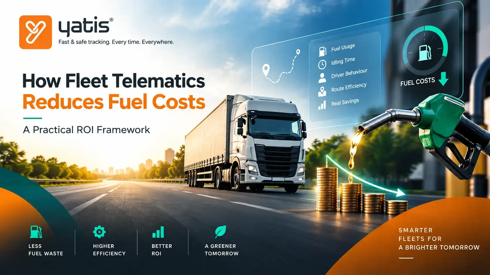 Fleet telematics ROI framework showing how idling, route deviation, driver behaviour and fuel monitoring contribute to fuel savings