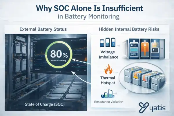 Infographic comparing battery SOC reading with hidden risks such as voltage imbalance, thermal hotspot, and internal resistance variation