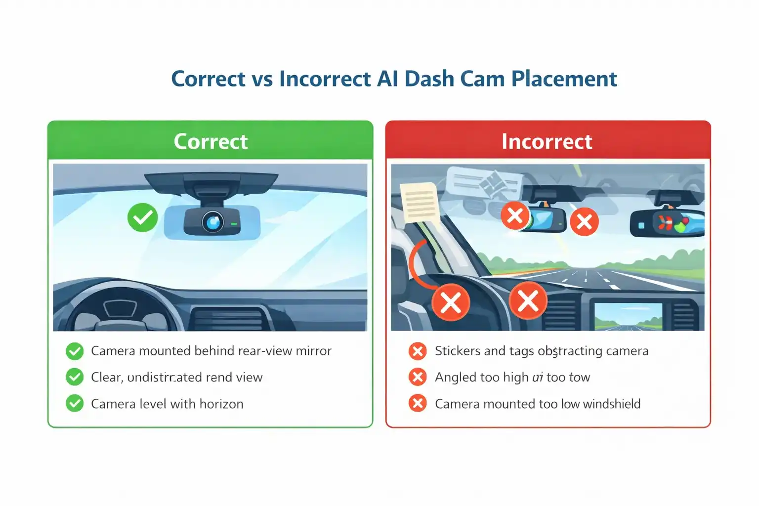 Infographic comparing correct and incorrect AI dash cam placement in commercial vehicles