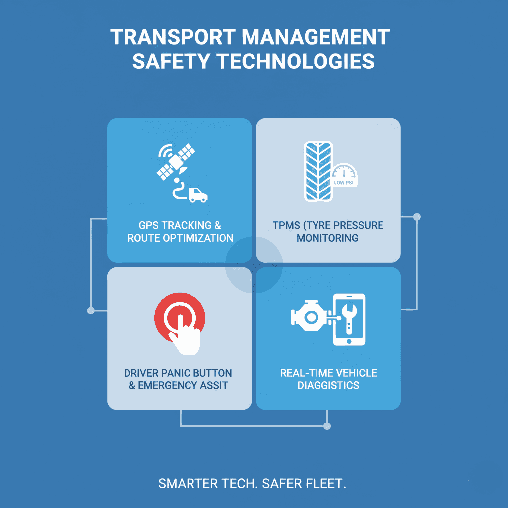 Infographic showing safety technologies used in transport management systems