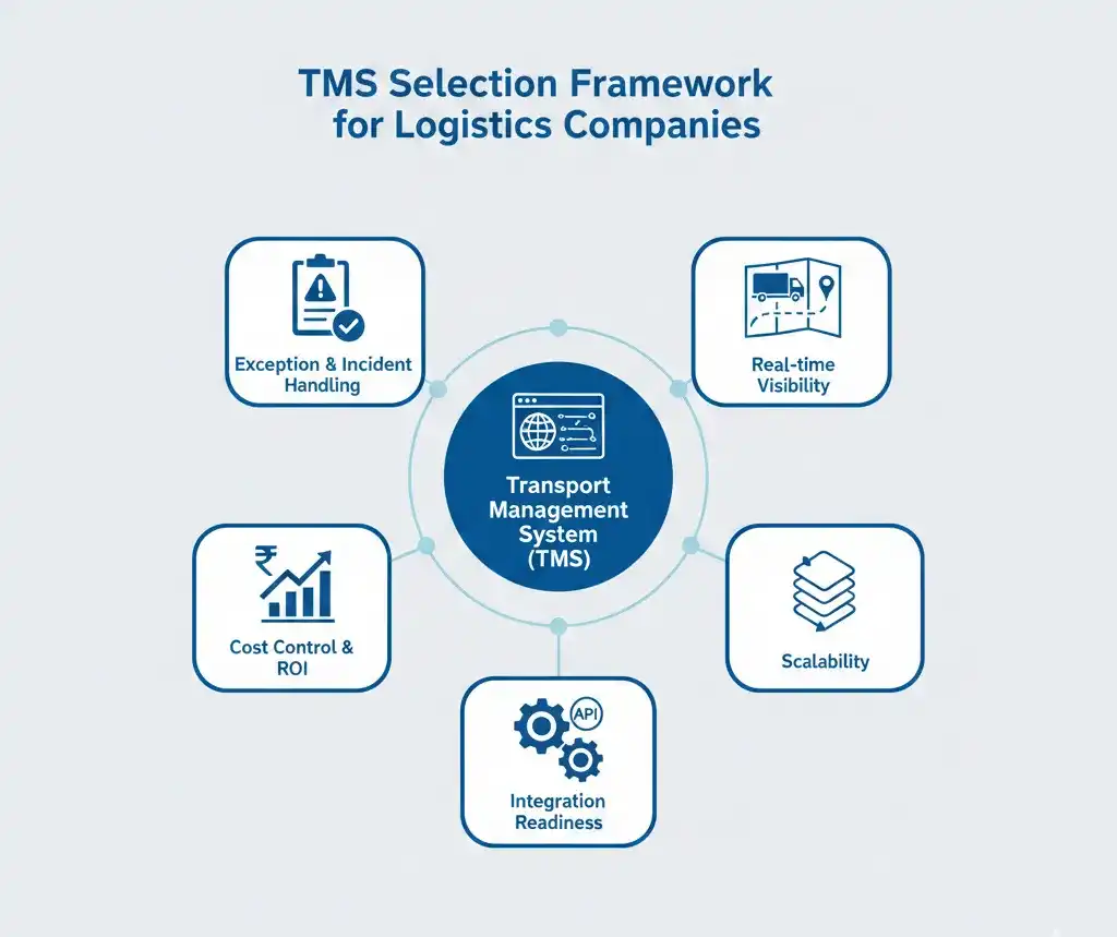 Framework infographic showing key criteria for selecting a transport management system for logistics companies