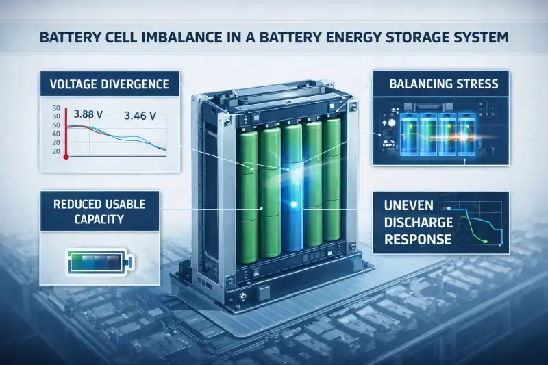 Infographic showing battery cell imbalance with one low-voltage cell causing balancing stress and reduced capacity in BESS