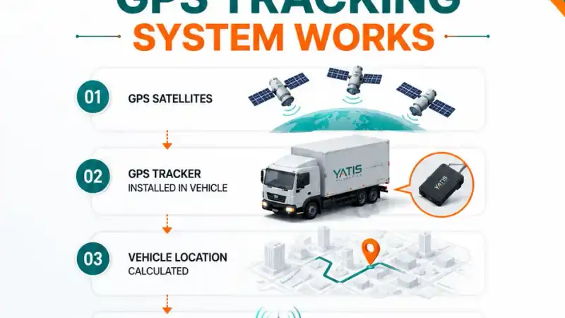 Diagram showing how GPS satellites, tracking device, cellular network, cloud server, and fleet management dashboard work together