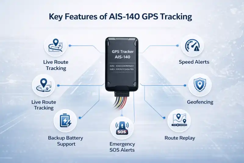 Infographic showing AIS-140 GPS tracker features including route tracking, speed alerts, geofencing, ignition monitoring, SOS alerts, and backup battery