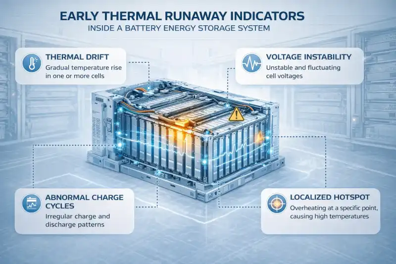 Infographic showing thermal drift, voltage instability, abnormal charge cycles, and localized hotspots as early thermal runaway indicators in BESS