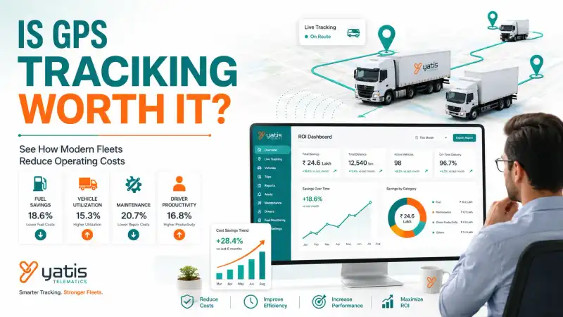 Fleet manager reviewing an ROI dashboard showing fuel savings, fleet utilization, maintenance costs, and vehicle tracking analytics