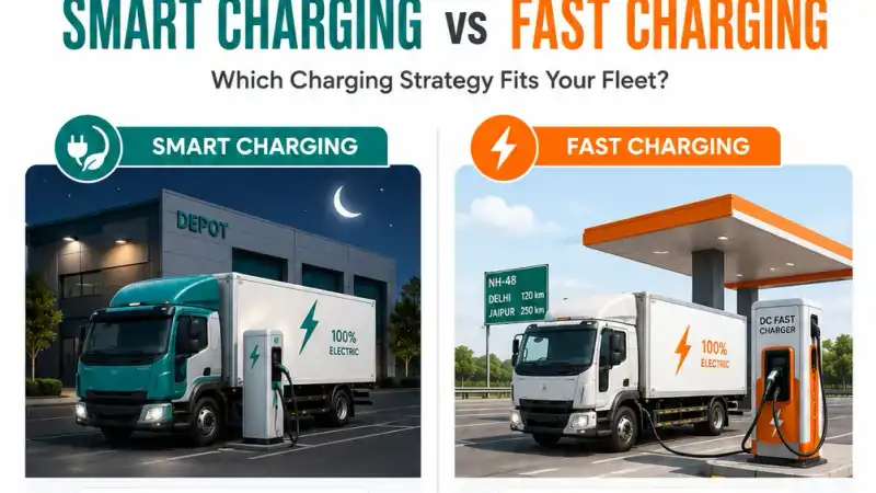 EV fleet telematics dashboard showing battery state of charge, charging schedules, and energy consumption analytics for smart charging decisions