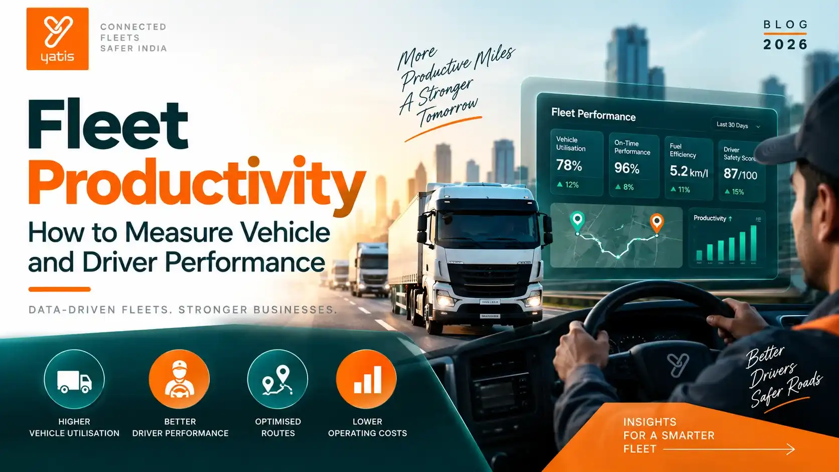 Fleet productivity dashboard showing vehicle utilization, driver performance and route efficiency metrics
