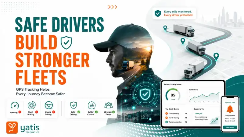 Fleet manager monitoring driver behaviour and GPS tracking dashboard showing safety scores, speeding alerts, harsh braking events, and commercial fleet performance