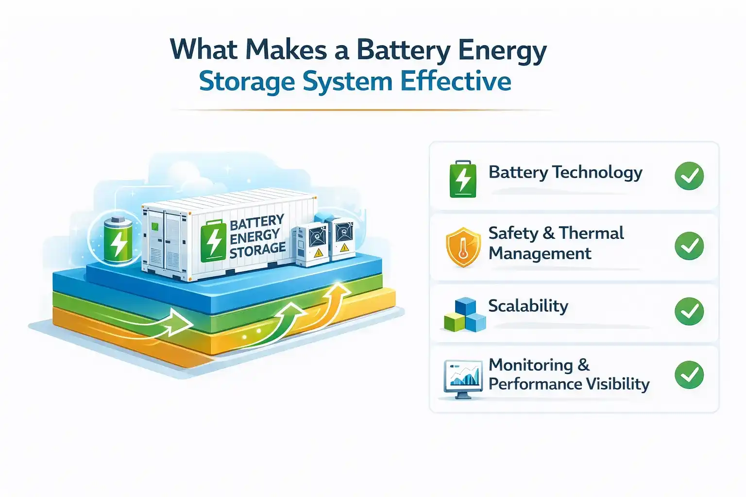 Infographic explaining key factors that define a reliable battery energy storage system