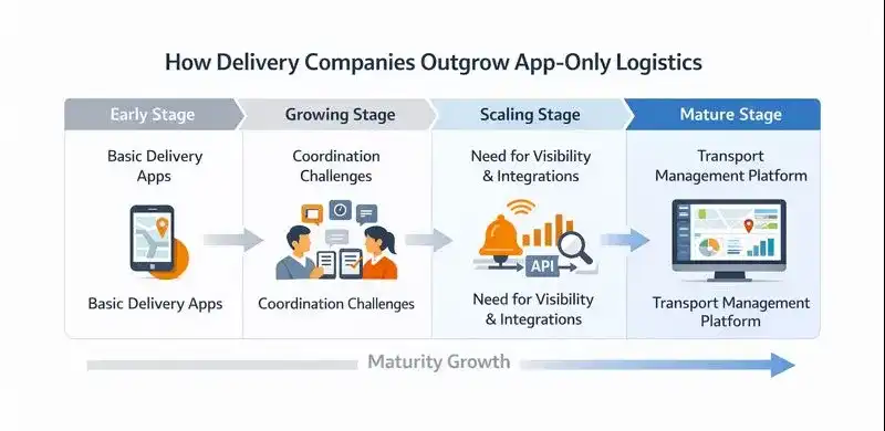 Infographic showing the maturity journey from app-only delivery management to platform-based transport management