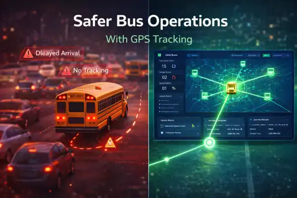 Split screen showing unsafe bus operations vs GPS tracking dashboard improving safety and efficiency