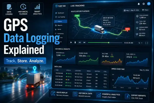 GPS tracking dashboard showing historical data logs, route replay, and analytics for vehicle tracking system