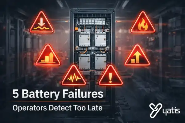 Industrial battery rack surrounded by five warning indicators showing common battery failure risks in a BESS system