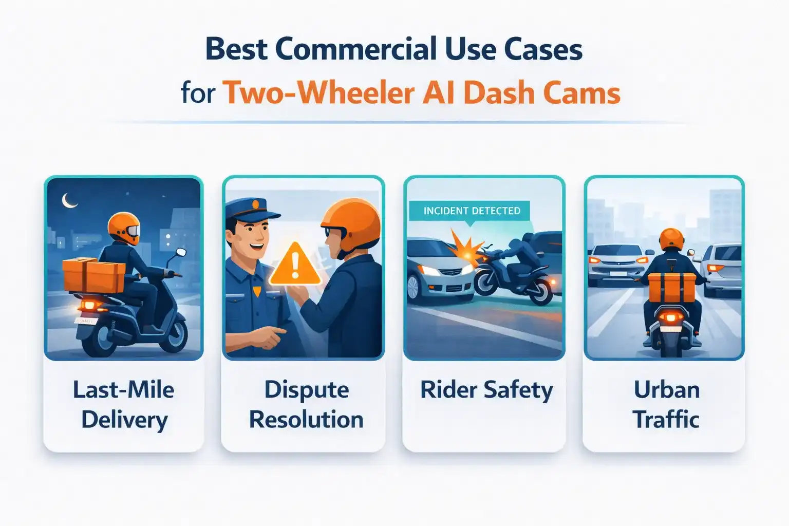 Infographic showing commercial delivery use cases for AI dash cams on two-wheelers