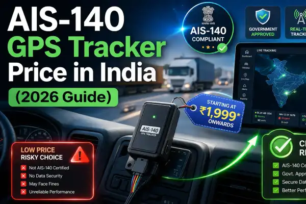 AIS-140 GPS tracker installed in the vehicle dashboard with price comparison and compliance indicators showing cost and certification insights