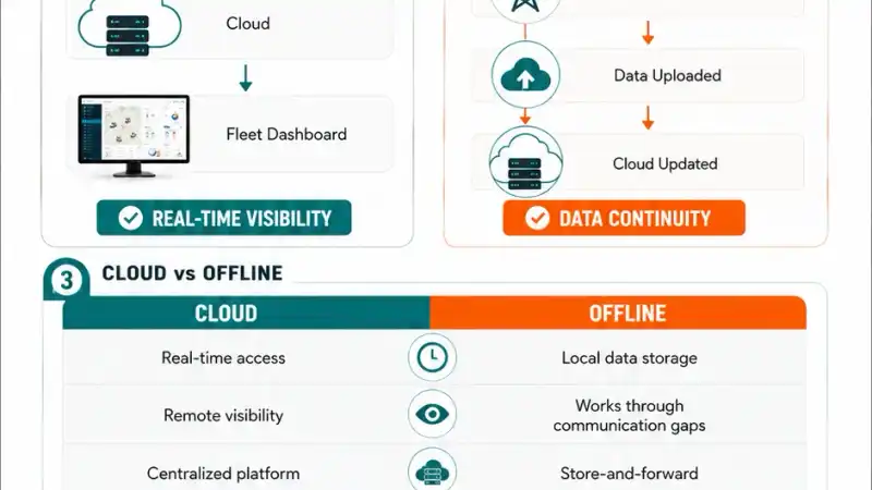 Diagram showing GPS tracking data synchronization from local device storage to the cloud platform after connectivity is restored